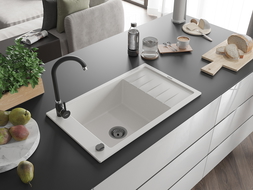 Mexen Elias granitový dřez jednokomorový s odkapávačem a kuchyňskou baterií Telma, bílý - 6511-20-670200-70