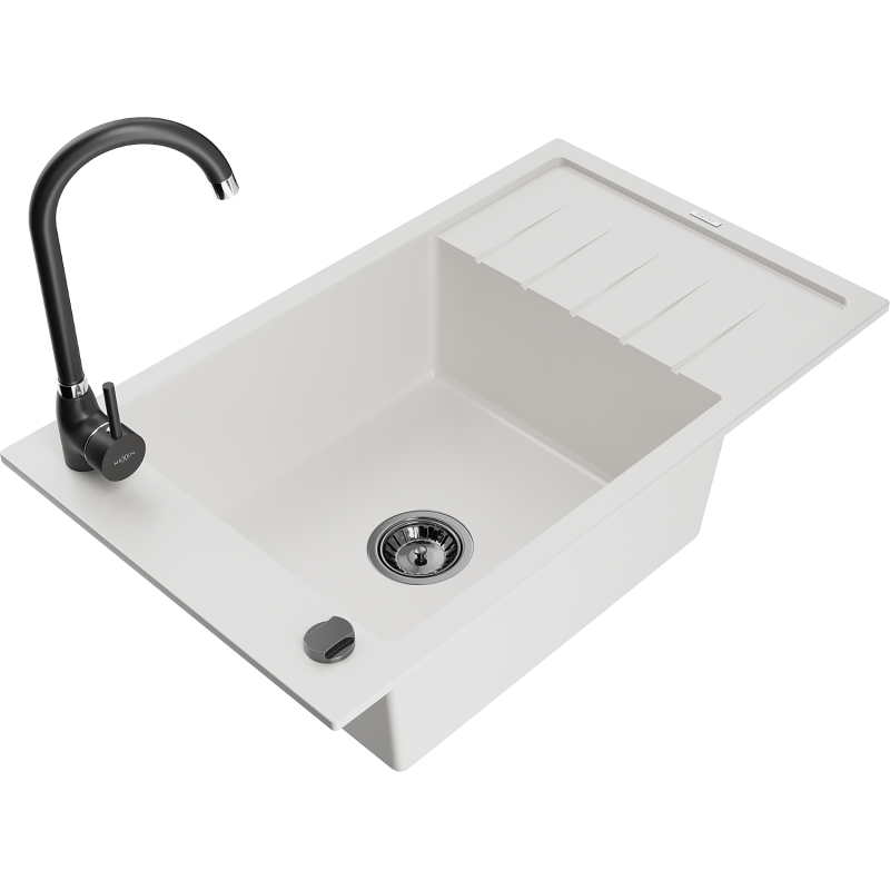 Mexen Elias granitový dřez jednokomorový s odkapávačem a kuchyňskou baterií Telma, bílý - 6511-20-670200-70