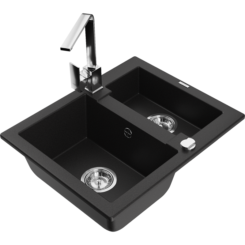 Mexen Carlos granitový dřez, 1,5-komorový s kuchyňskou baterií Rita, černý - 6518-77-670300-00