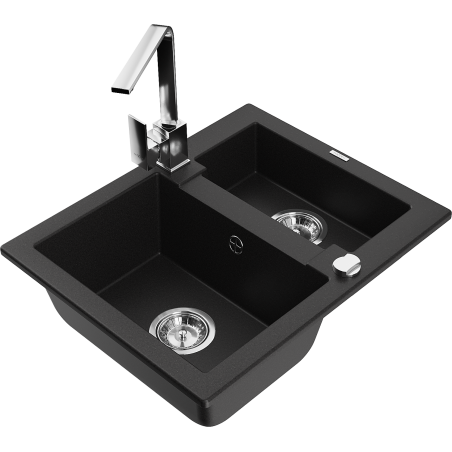 Mexen Carlos granitový dřez, 1,5-komorový s kuchyňskou baterií Rita, černý - 6518-77-670300-00
