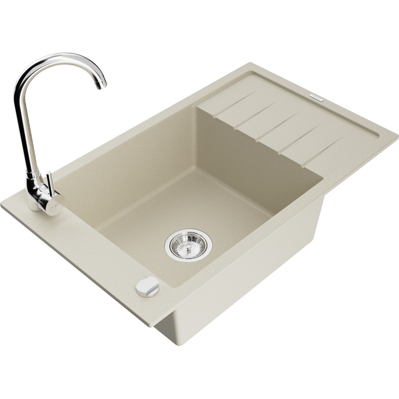 Mexen Elias 1-komorový žulový dřez s odkapávačem a kuchyňskou baterií Telma, béžový - 6511-69-670200-00