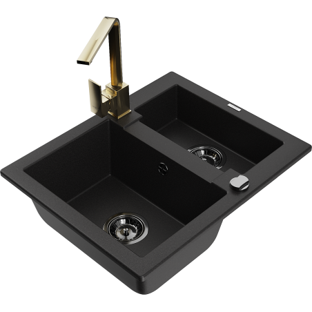 Mexen Carlos žulový kuchyňský dřez 1,5-komorový s kuchyňskou baterií Rita, černý - 6518-77-670300-50-B