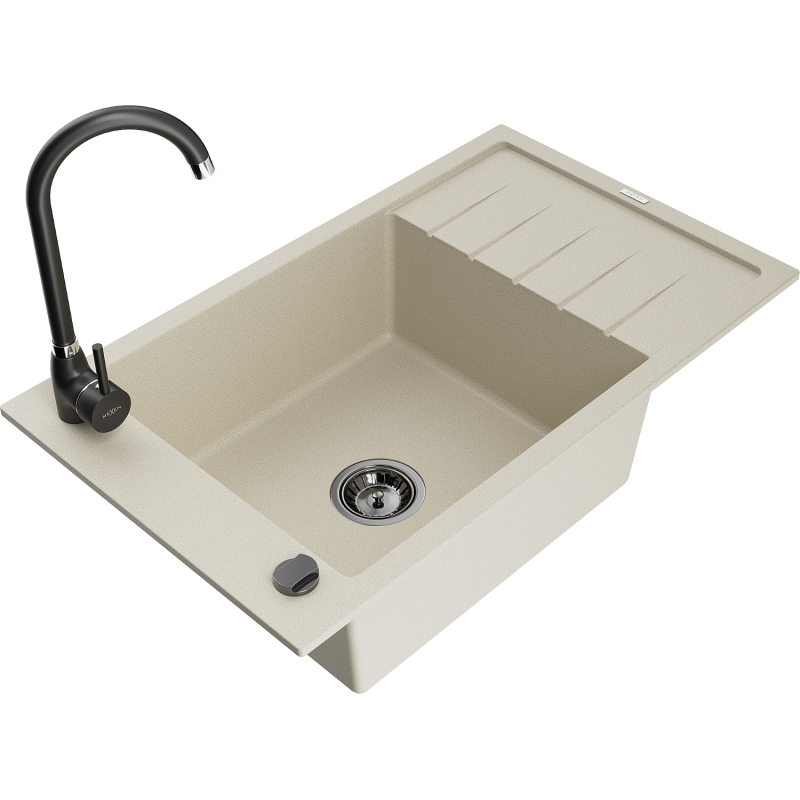 Mexen Elias granitový dřez 1-komorový s odkapávačem a kuchyňskou baterií Telma, béžový - 6511-69-670200-70