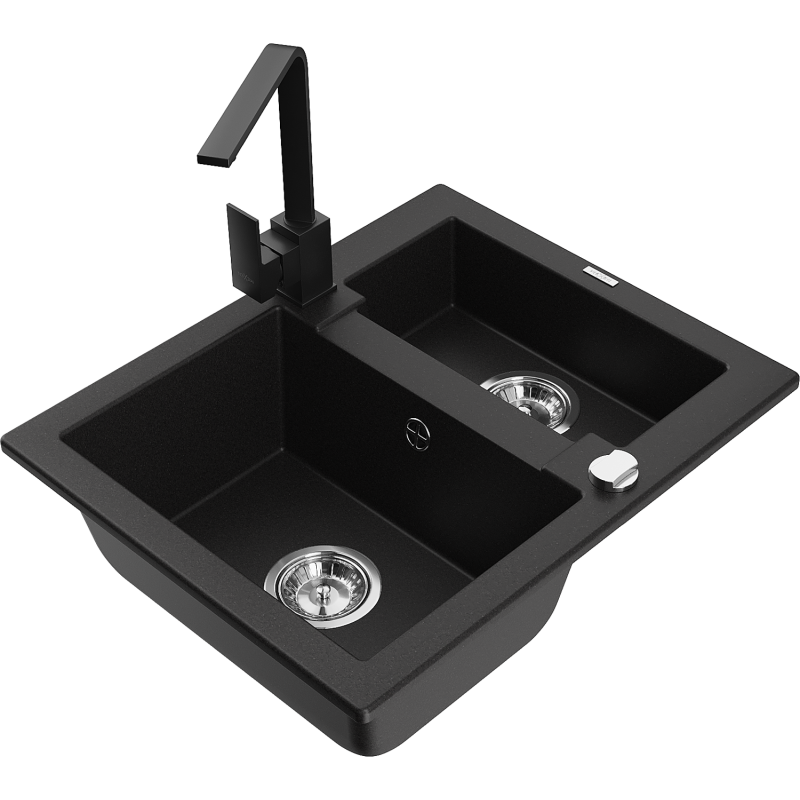 Mexen Carlos granitový dřez 1,5-komorový s kuchyňskou baterií Rita, černý - 6518-77-670300-70