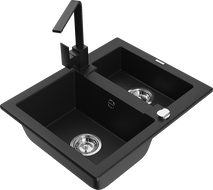 Mexen Carlos granitový dřez 1,5-komorový s kuchyňskou baterií Rita, černý - 6518-77-670300-70
