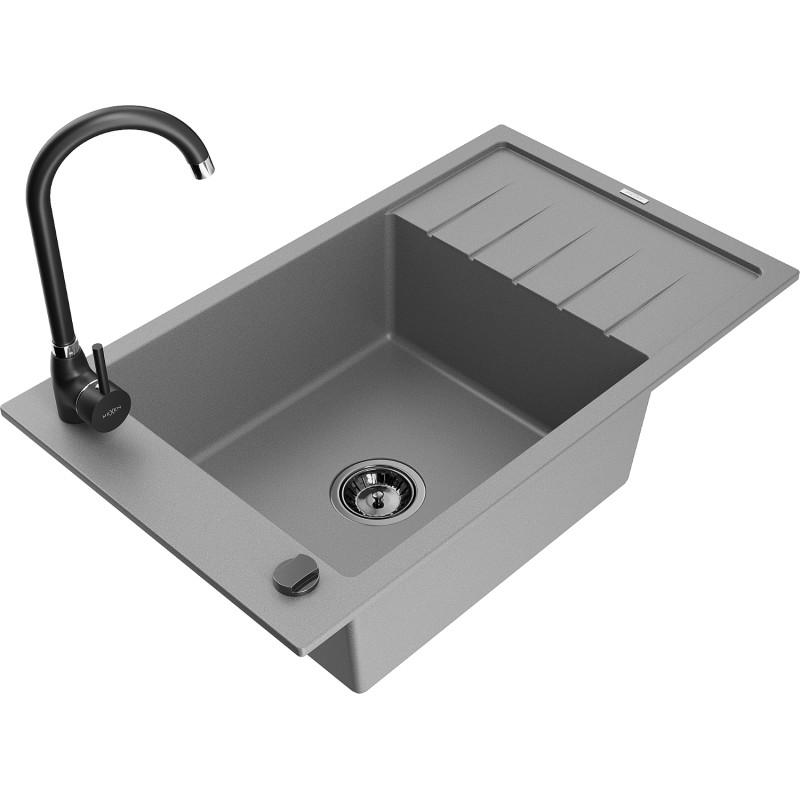 Mexen Elias granitový dřez s jednou komorou s odkapávačem a kuchyňskou baterií Telma, šedý - 6511-71-670200-70-B