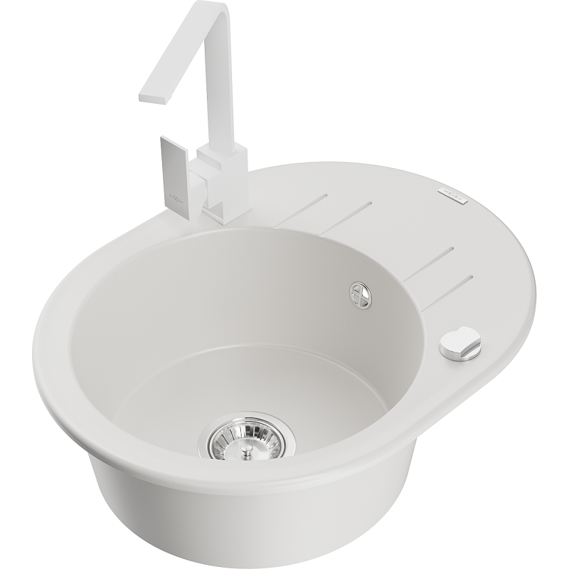 Mexen Kevin granitový dřez 1-komorový s odkapávačem a kuchyňskou baterií Rita, bílý - 6517-20-670300-20