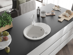 Mexen Kevin granitový dřez 1-komorový s odkapávačem a kuchyňskou baterií Rita, bílý - 6517-20-670300-20