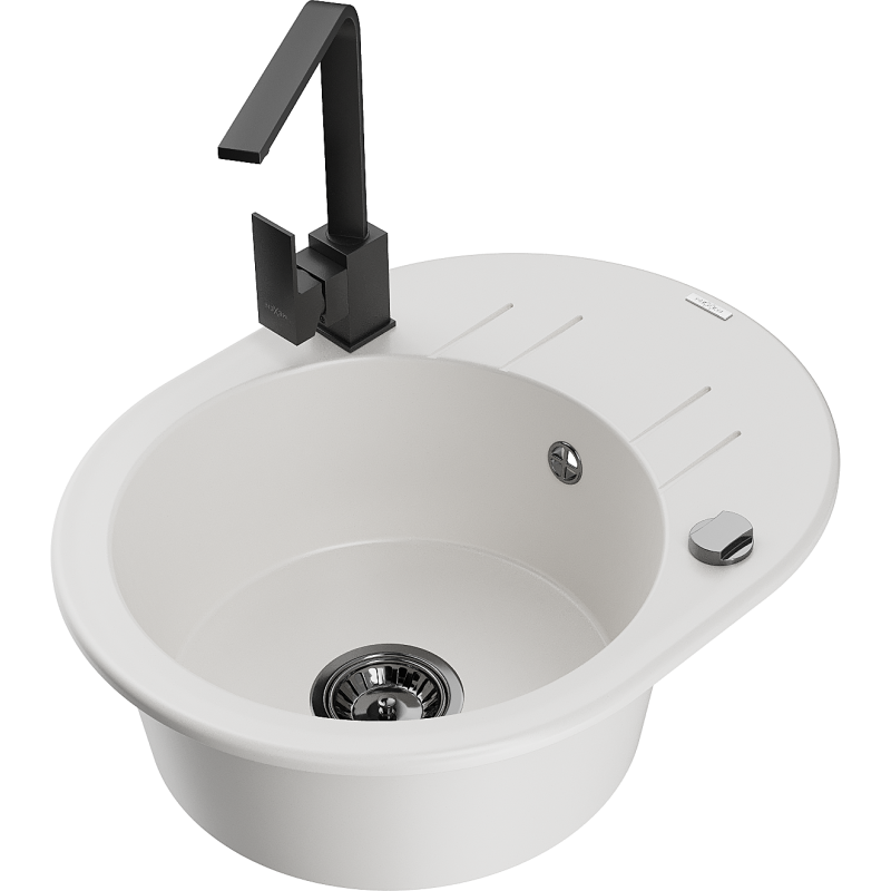 Mexen Kevin granitový dřez s 1 komorou a odkapávačem a kuchyňskou baterií Rita, bílý - 6517-20-670300-70