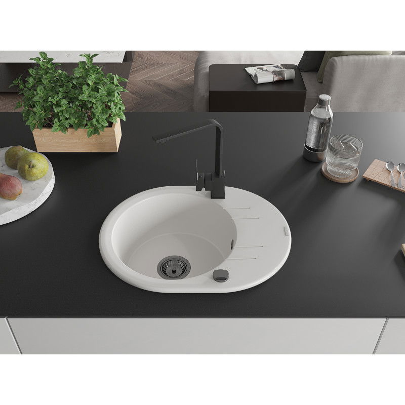 Mexen Kevin granitový dřez s 1 komorou a odkapávačem a kuchyňskou baterií Rita, bílý - 6517-20-670300-70