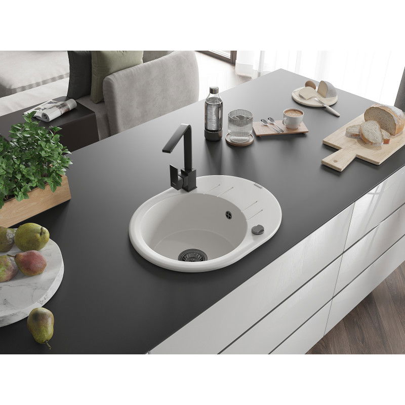 Mexen Kevin granitový dřez s 1 komorou a odkapávačem a kuchyňskou baterií Rita, bílý - 6517-20-670300-70