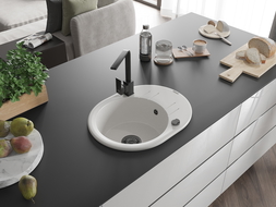 Mexen Kevin granitový dřez s 1 komorou a odkapávačem a kuchyňskou baterií Rita, bílý - 6517-20-670300-70