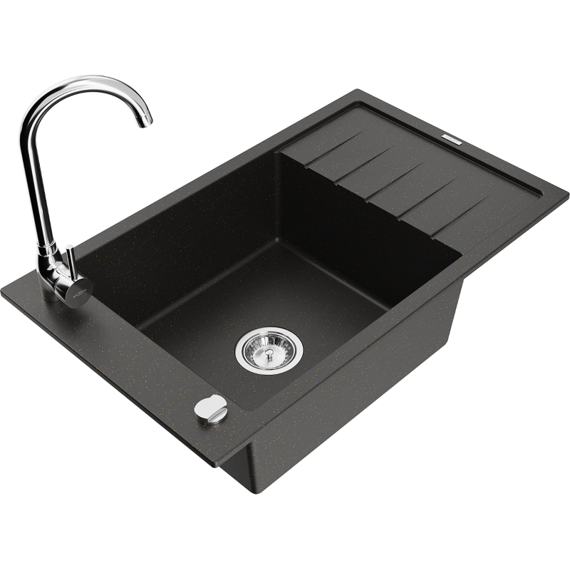 Mexen Elias granitový dřez 1-komorový s odkapávačem a kuchyňskou baterií Telma, černý/zlatý - 6511-75-670200-00