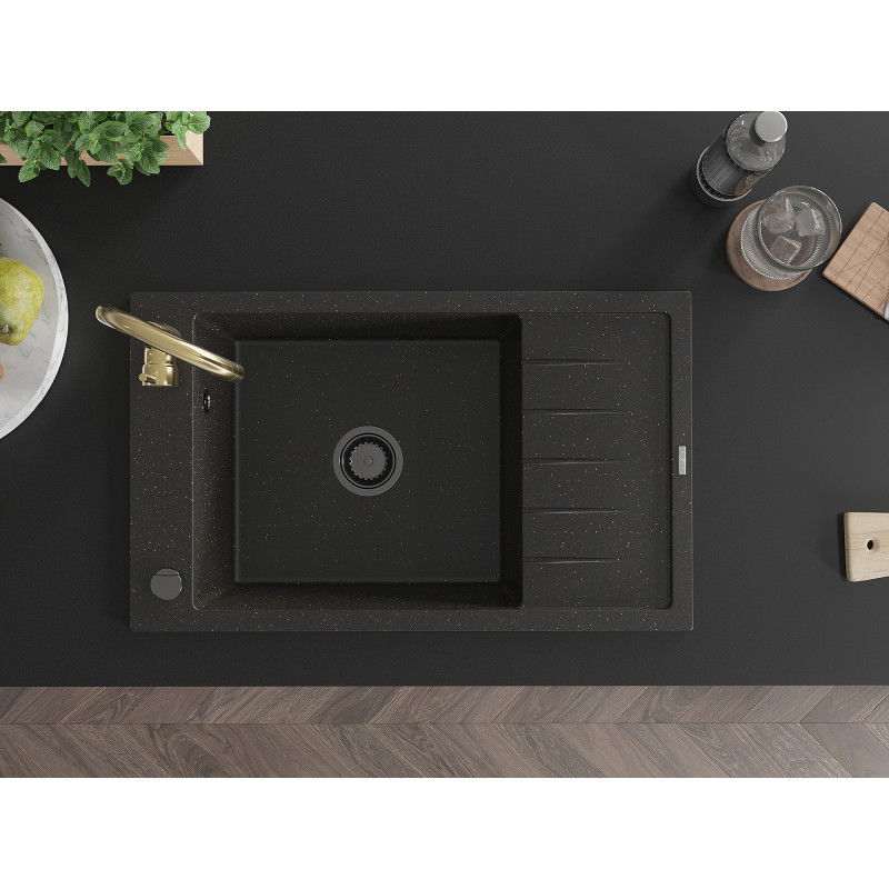 Mexen Elias granitový dřez 1-komorový s odkapávačem a kuchyňskou baterií Telma, černý/zlatý - 6511-75-670200-50-B