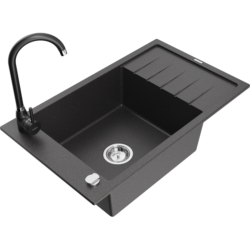 Mexen Elias granitový dřez 1-komorový s odkapávačem a kuchyňskou baterií Telma, černý s tečkami - 6511-76-670200-70