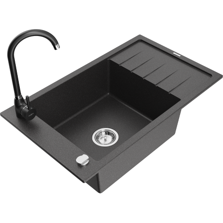 Mexen Elias granitový dřez 1-komorový s odkapávačem a kuchyňskou baterií Telma, černý s tečkami - 6511-76-670200-70