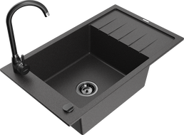 Mexen Elias granitový dřez 1-komorový s odkapávačem a kuchyňskou baterií Telma, černý tečkovaný - 6511-76-670200-70-B