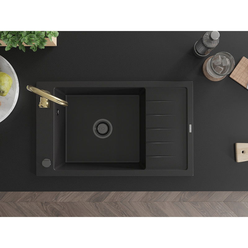 Mexen Elias granitový dřez 1-komorový s odkapávačem a kuchyňskou baterií Telma, černý - 6511-77-670200-50-B
