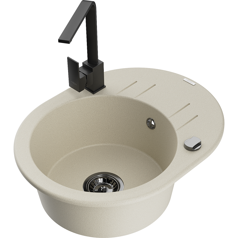 Mexen Kevin granitový dřez 1-komorový s odkapávačem a kuchyňskou baterií Rita, béžový - 6517-69-670300-70