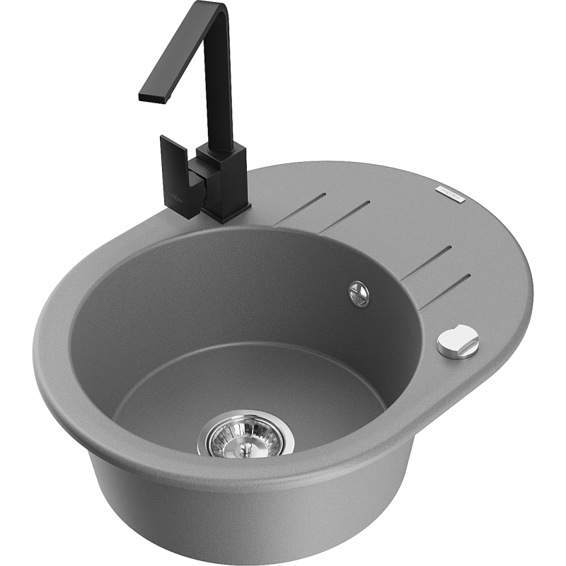 Mexen Kevin žulový dřez 1-komorový s odkapávačem a kuchyňskou baterií Rita, šedý - 6517-71-670300-70