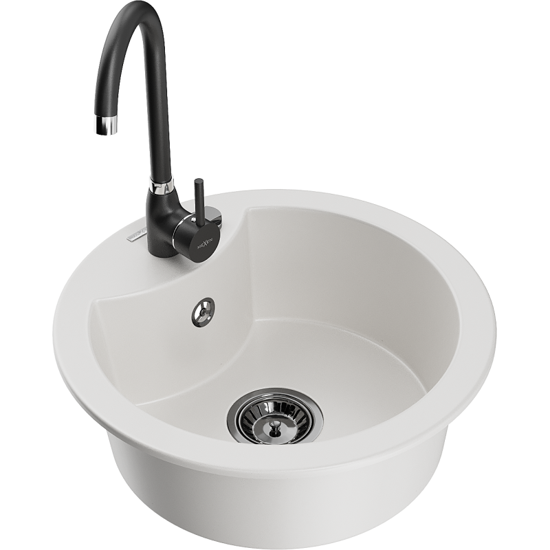 Mexen Diego granitový dřez 1-komorový s kuchyňskou baterií Telma, bílý - 6512-20-670200-70