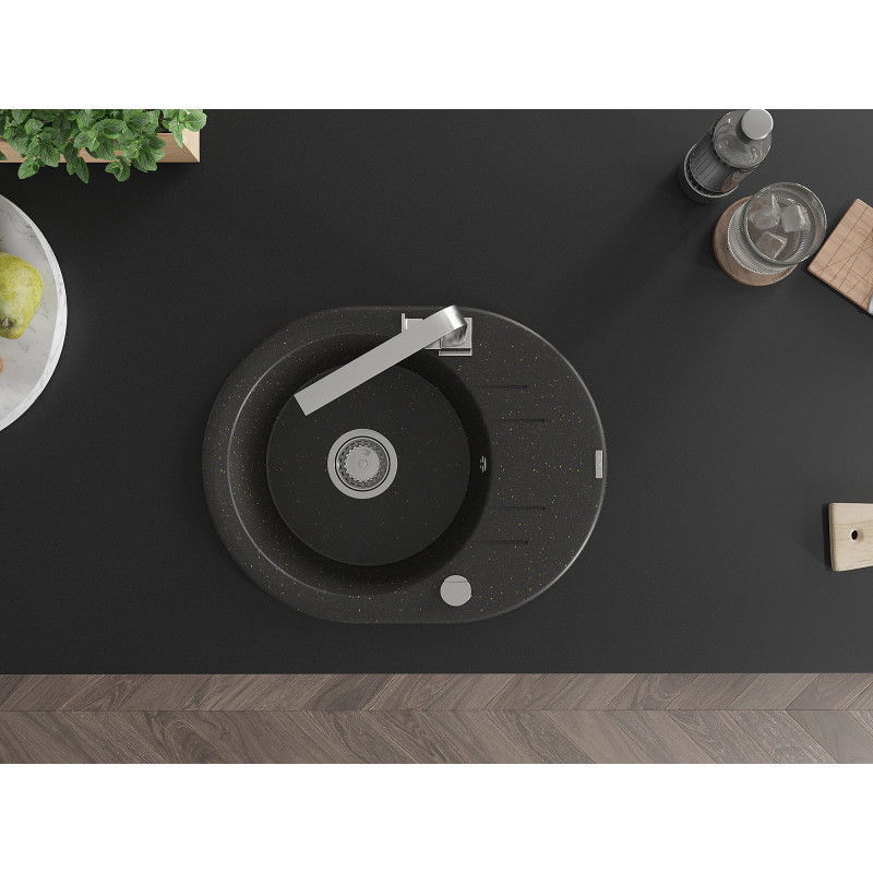 Mexen Kevin žulový dřez s 1 komorou s odkapávačem a kuchyňskou baterií Rita, černý/zlatý metalík - 6517-75-670300-00