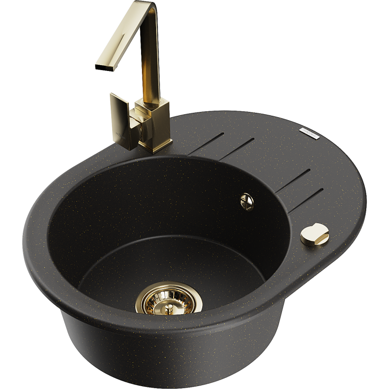 Mexen Kevin granitový dřez 1-komorový s odkapávačem a kuchyňskou baterií Rita, černý/zlatý metalik - 6517-75-670300-50
