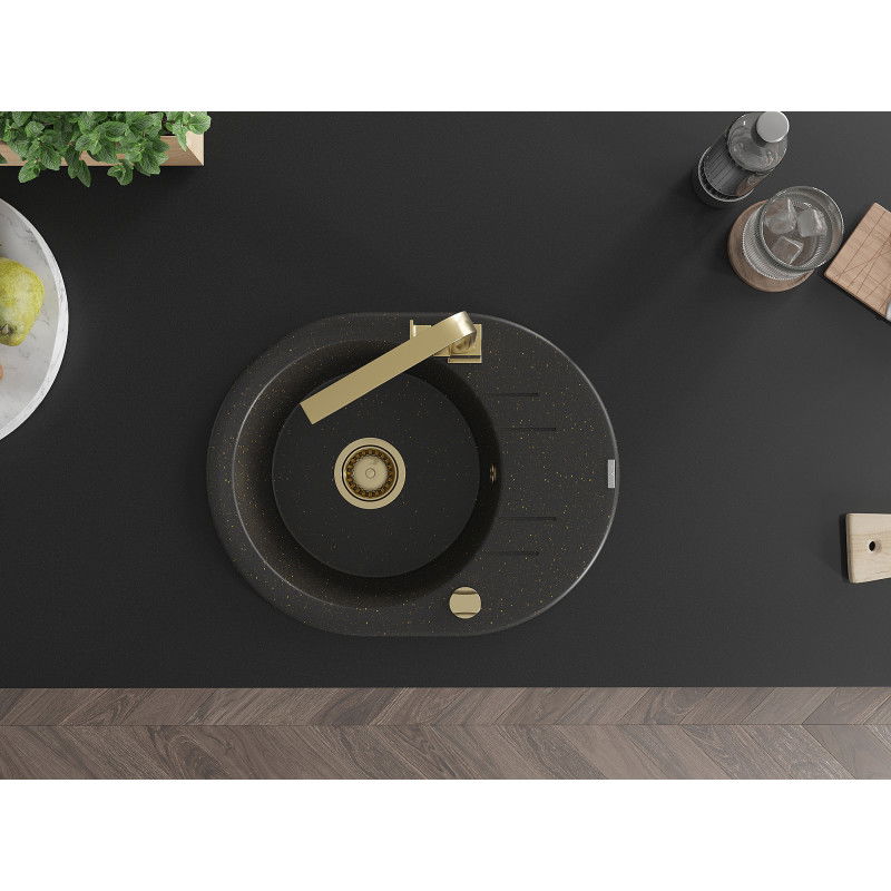 Mexen Kevin granitový dřez 1-komorový s odkapávačem a kuchyňskou baterií Rita, černý/zlatý metalik - 6517-75-670300-50