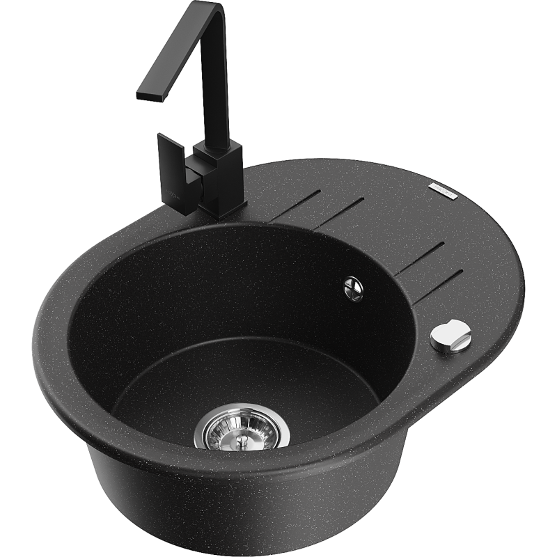 Mexen Kevin žulový dřez 1-komorový s odkapávačem a kuchyňskou baterií Rita, černý/zlatý metalický - 6517-75-670300-70