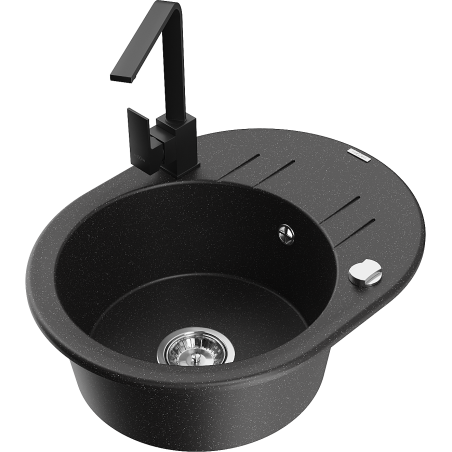 Mexen Kevin žulový dřez 1-komorový s odkapávačem a kuchyňskou baterií Rita, černý/zlatý metalický - 6517-75-670300-70