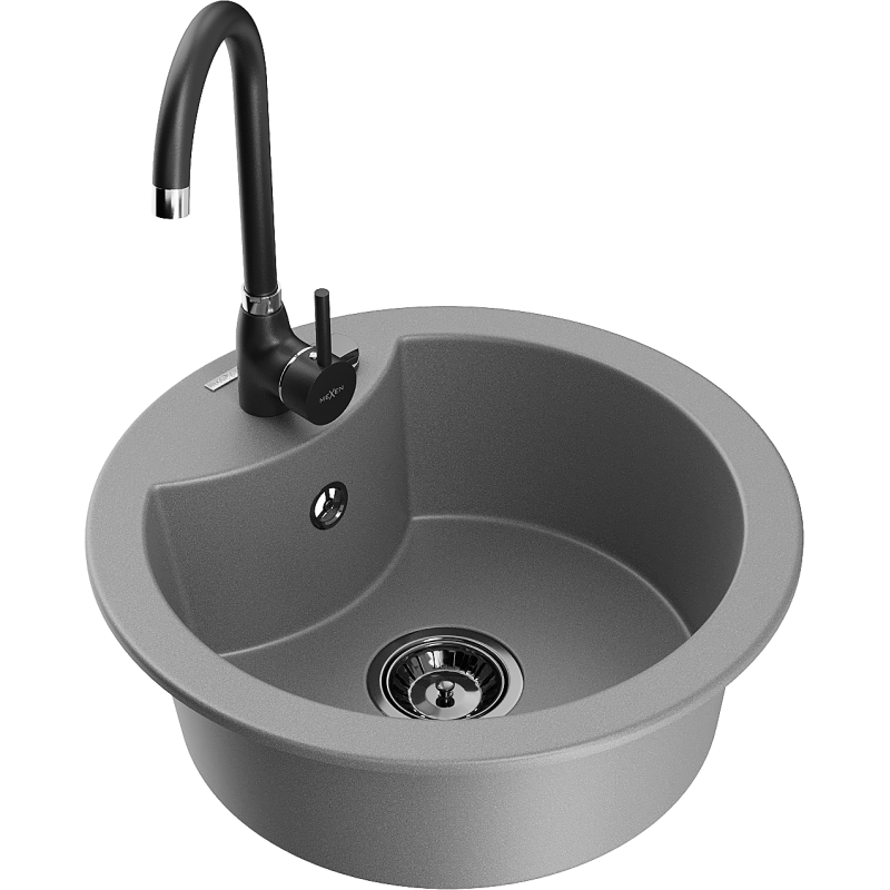 Mexen Diego granitový dřez jednokomorový s kuchyňskou baterií Telma, šedý - 6512-71-670200-70-B