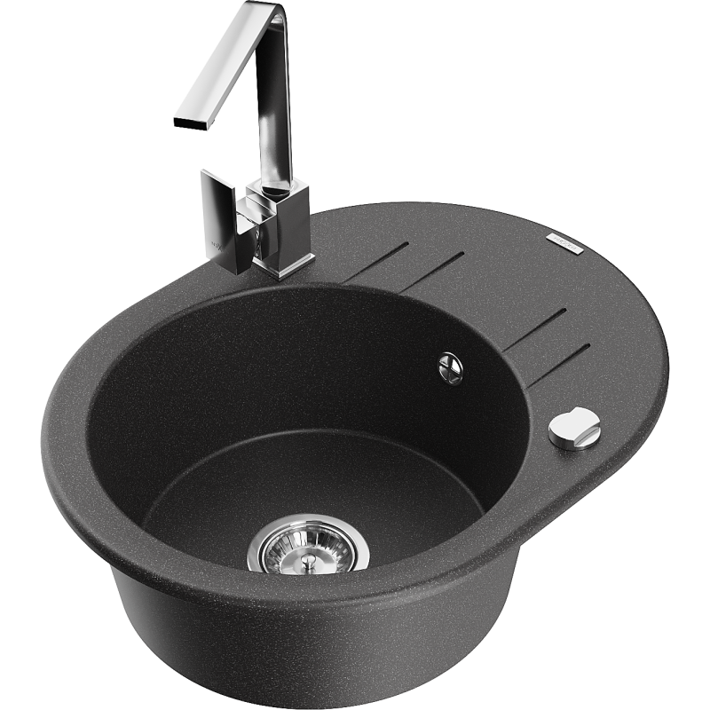 Mexen Kevin granitový dřez 1-komorový s odkapávačem a kuchyňskou baterií Rita, černý skvrnitý - 6517-76-670300-00