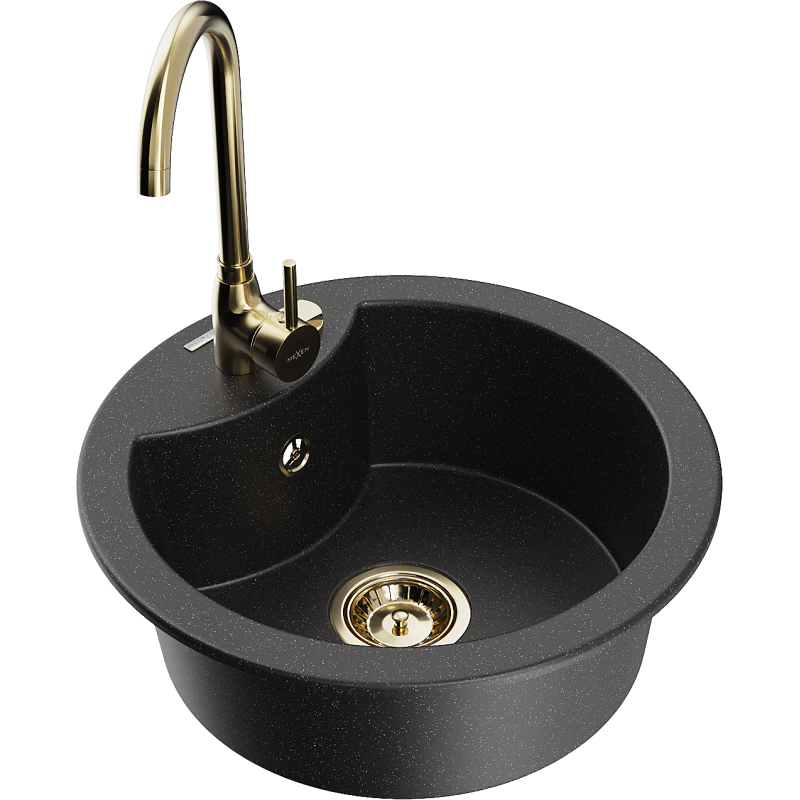 Mexen Diego granitový dřez 1-komorový s kuchyňskou baterií Telma, černý/stříbrný - 6512-73-670200-50