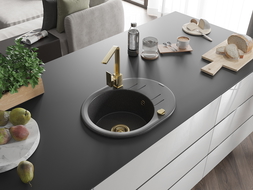 Mexen Kevin granitový dřez 1-komorový s odkapávačem a kuchyňskou baterií Rita, černý kropenatý - 6517-76-670300-50