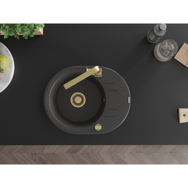 Mexen Kevin granitový dřez 1-komorový s odkapávačem a kuchyňskou baterií Rita, černý kropenatý - 6517-76-670300-50