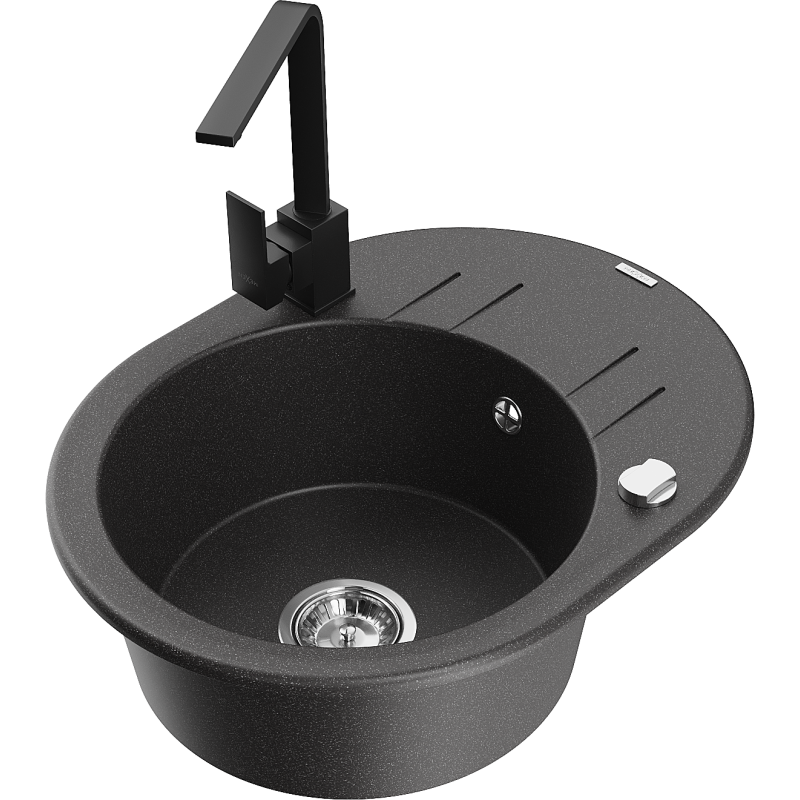 Mexen Kevin granitový dřez 1-komorový s odkapávačem a kuchyňskou baterií Rita, černý skvrnitý - 6517-76-670300-70