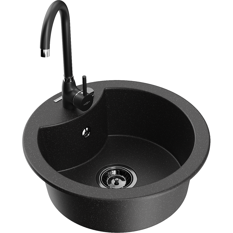 Mexen Diego granitový dřez 1-komorový s kuchyňskou baterií Telma, černý/stříbrný - 6512-73-670200-70-B