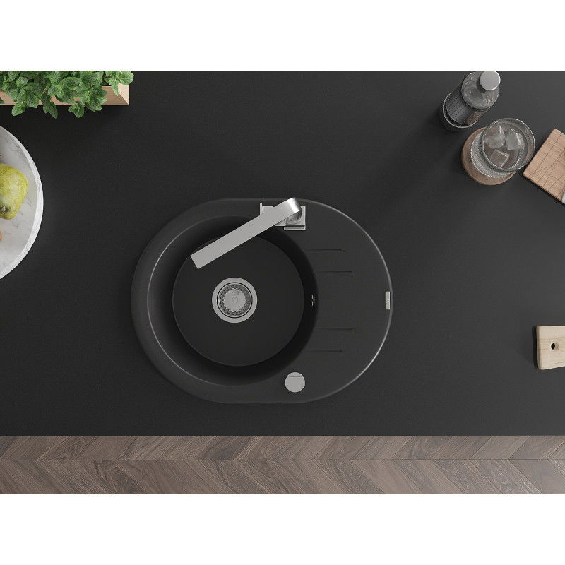 Mexen Kevin granitový dřez 1-komorový s odkapávačem a kuchyňskou baterií Rita, černý - 6517-77-670300-00