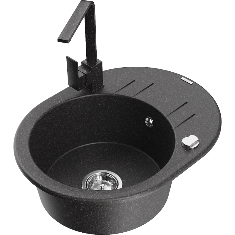 Mexen Kevin granitový dřez 1-komorový s odkapávačem a kuchyňskou baterií Rita, černý skvrnitý - 6517-76-670300-76