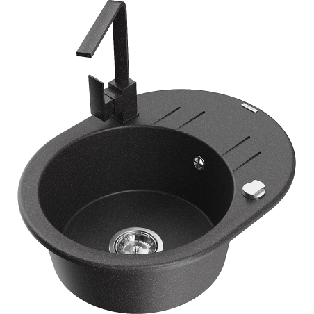 Mexen Kevin granitový dřez 1-komorový s odkapávačem a kuchyňskou baterií Rita, černý skvrnitý - 6517-76-670300-76