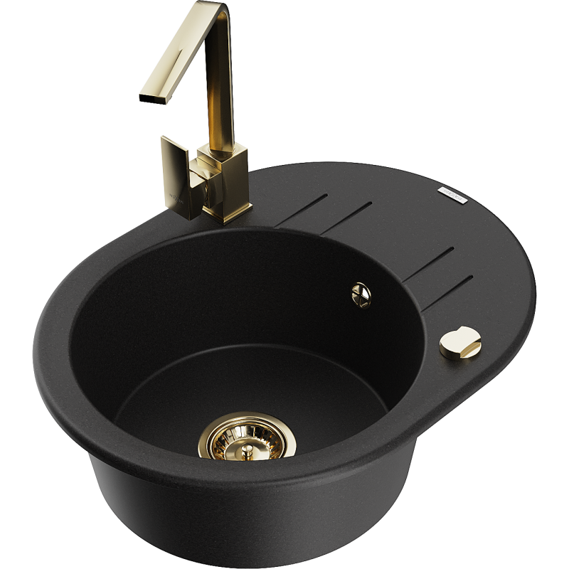 Mexen Kevin granitový dřez 1-komorový s odkapávačem a kuchyňskou baterií Rita, černý - 6517-77-670300-50