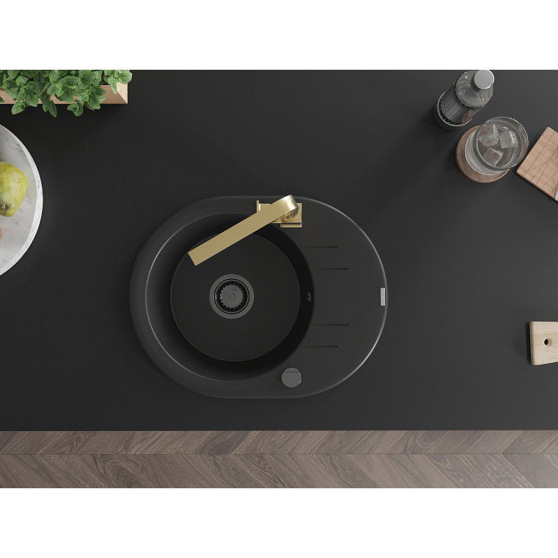 Mexen Kevin granitový dřez jednodřez s odkapávačem a kuchyňskou baterií Rita, černý - 6517-77-670300-50-B