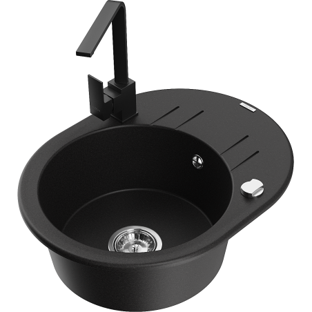 Mexen Kevin granitový dřez 1-komorový s odkapávačem a kuchyňskou baterií Rita, černý - 6517-77-670300-70