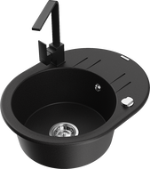 Mexen Kevin granitový dřez 1-komorový s odkapávačem a kuchyňskou baterií Rita, černý - 6517-77-670300-70