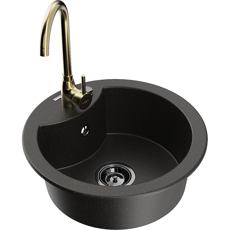 Mexen Diego granitový dřez 1-komorový s kuchyňskou baterií Telma, černý/zlatý - 6512-75-670200-50-B