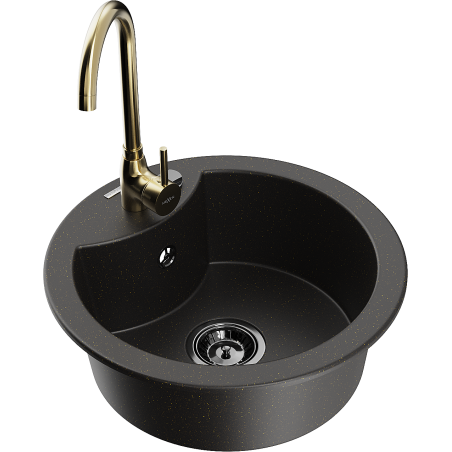 Mexen Diego granitový dřez 1-komorový s kuchyňskou baterií Telma, černý/zlatý - 6512-75-670200-50-B