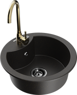 Mexen Diego granitový dřez 1-komorový s kuchyňskou baterií Telma, černý/zlatý - 6512-75-670200-50-B
