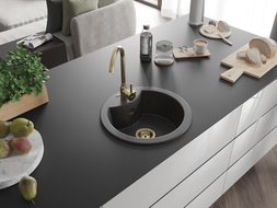 Mexen Diego granitový dřez 1-komorový s kuchyňskou baterií Telma, černý tečkovaný - 6512-76-670200-50