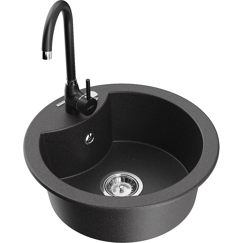 Mexen Diego granitový dřez 1-komorový s kuchyňskou baterií Telma, černý s tečkami - 6512-76-670200-70