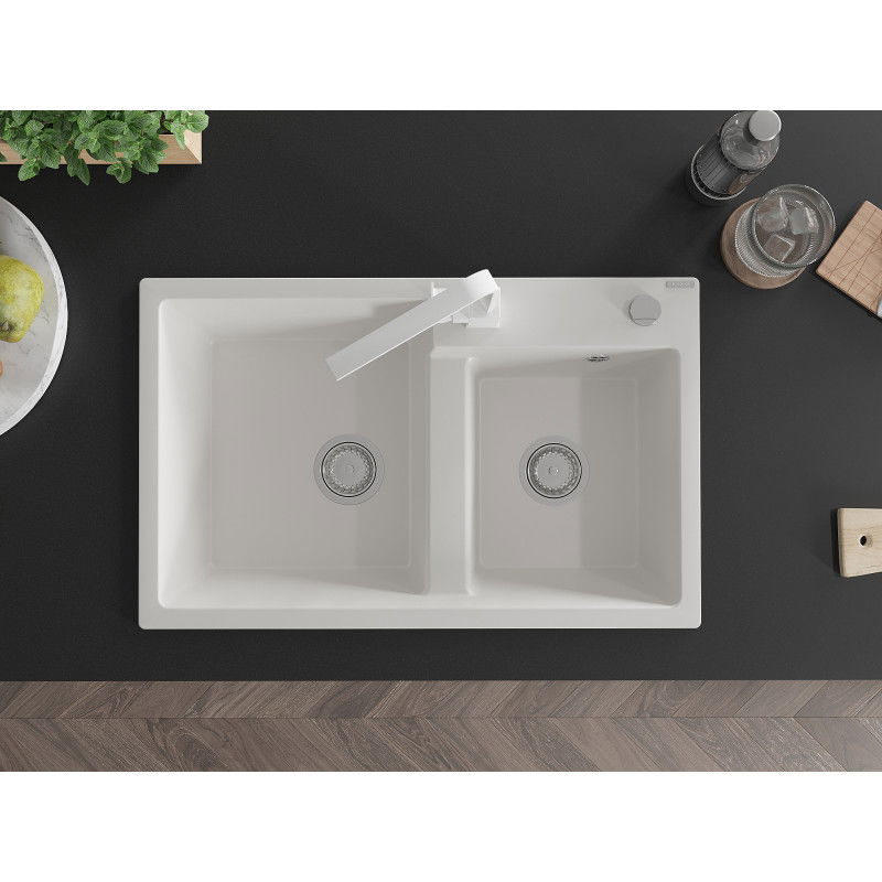 Mexen Tomas dřez žulový 2-komorový s kuchyňskou baterií Rita, bílý - 6516-20-670300-20